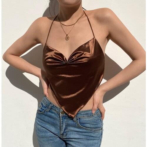 Summer Sexy Camis Vest Women Halter Sling V-neck Irregular Hem Backless Satin Crop Top Solid Color Beach Club Street Shirt 2021