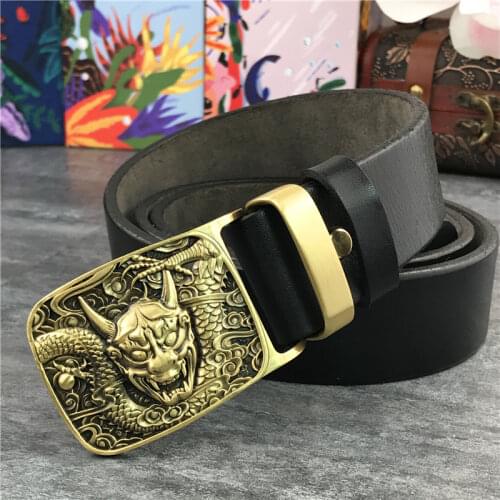 Skull Brass Belt Buckle Leather Mens Belt Ceinture Cowboy Jeans Leather Belt Men Riem Belt Male Cinturon Waist Belt MBT0071
