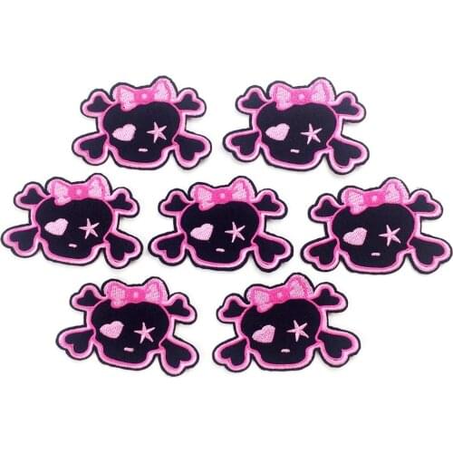 Embroidery Iron On Patches For Clothing Iron On Sticker DIY Sewing Badges Pink Skull Embroidered Appliques Supplier For Garment