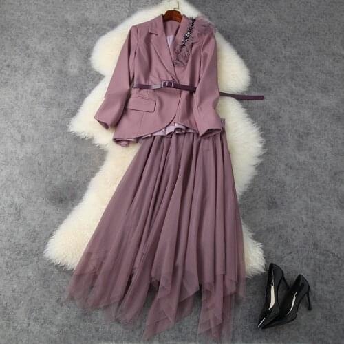 Seifrmann Women Summer Fashion Designer Skirts Set Long Sleeve Sashes Coats + Elastic Waist Mesh Midi Skirts 2 Two Pieces Suits