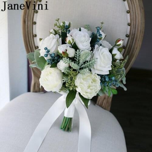 JaneVini Vintage Boho Wedding Bouquet Bride White Rose Silk Flower Bridal Bouquet Artificial Bridesmaid Brooch Flowers Bukiet
