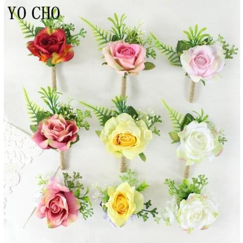 YO CHO Artificial Flower Wedding Boutonniere and Corsage Silk Rose Man Brooch Pins Bridal Wrist Corsage Party Wedding Buttonhole
