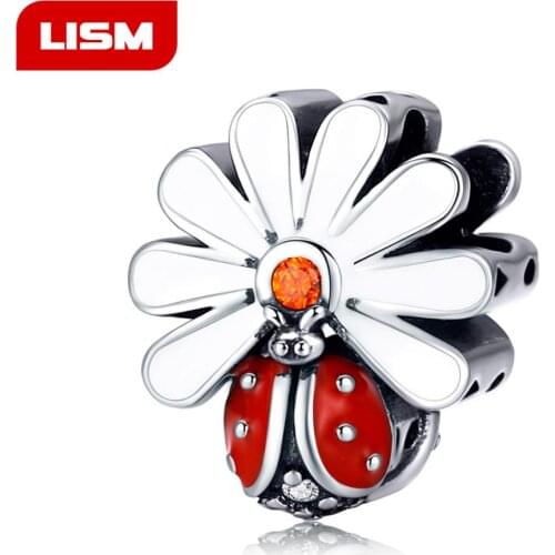 Ladybug with Daisy Flower Beads for Women 925 Sterling Silver Enamel Charm fit Original Bracelet DIY Jewelry