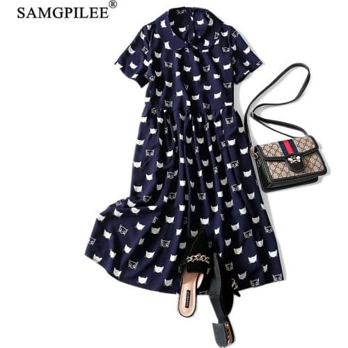 Women Summer Sundress Dresses 2020 Office Lady A-line Print Cat Short Sleeve Plus Size Women Peter Pan Collar Dress For Women