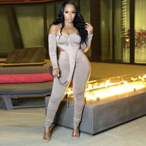 Solid Ruched Zipper Up Long Sleeve Irregular Crop Top and Stacked Sweatpant Womens Tracksuit Summer Off Shoulder Two Piece Set