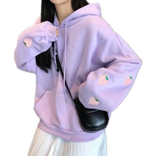 Richkeda Store New 2021 Harajuku Strawberry Embroidery Lavender White Sweatshirt Autumn Winter Women Kawaii Loose Long Sleeves