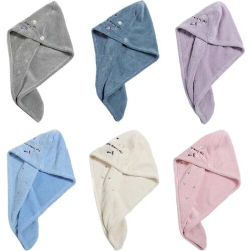 Women Coral Velvet Microfiber Hair Towel Wrap Turban Cute Cartoon Rocket Planet Embroidery Super Absorbent Anti-Frizz