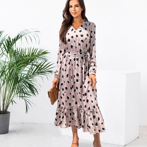 For Womens Autumn And Winter Long-sleeved Dresses Fashion Printing V-neck Loose Mid-waist Lace Up Woman Ruffled Long Skirt 2021