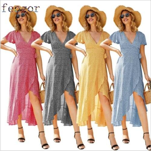 FEOGOR Maxi Dress Elegant Dresses For Women 2021 summer new casual womens V-neck printed short-sleeved irregular dress