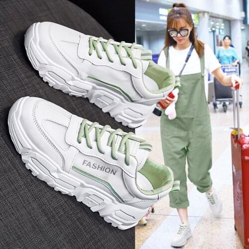 2020 Summer female shoes women breathable sneakers lace-up white shoes PU Leather femme height increased light mesh casual shoes