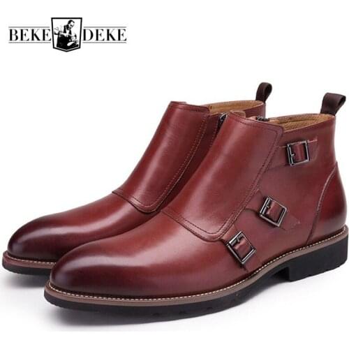 Luxury Brand Buckle Side Zip Mens Ankle Boots Genuine Leather Handmade Vintage Wine Red Italian Wedding Dress Boots Shoes Men
