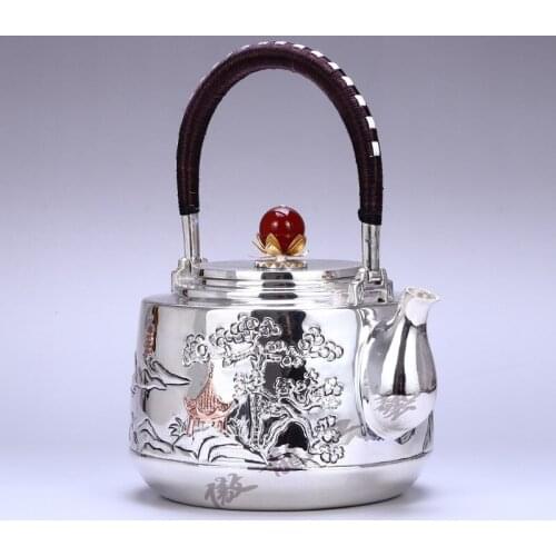 Teapot, kettle, hot water teapot, iron teapot, stainless steel kettle, tea bowl, 1100ml capacity, handmade S999 sterling silver