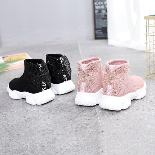 Children Sneakers Autumn Kids Socks Shoes Breathable Casual Diamond Super Beautiful Butterfly Knot Girls Mesh Sports Shoes 26-36