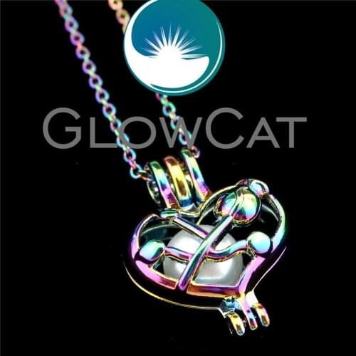 GLOWCAT R-C607 Rainbow Color Rose Heart Beads Cage Pendant Perfume Diffuser Aromatherapy Pearl Cage Locket Necklace
