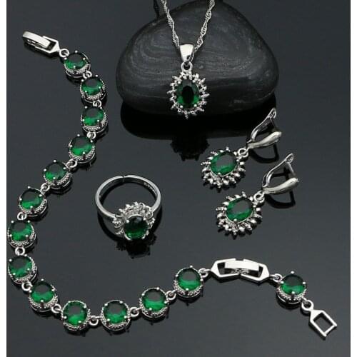 925 Silver Jewelry Set Emerald Cubic Zirconia Adjustable Ring Earrings Pendant Chain Bracelet Anniversary Jewelry for Women