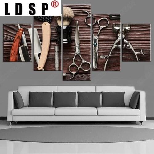 LDSP Modern Hairdresser Barber Tools Patterned 5 Panels Canvas Poster Panting Pictures Hair Shop home Decor Wall Art Painting