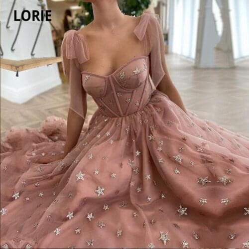 LORIE Glitter Shiny Stars Dusty Pink Prom Dresses Spaghetti Strap A-Line Arabic Evening Gown Tulle Celebrity Party Dress