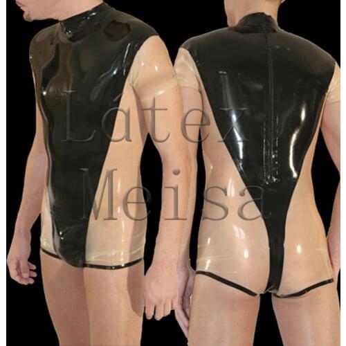 Mens short sleeve Zentai latex catsuit attached back zip main in black with transparent trim color
