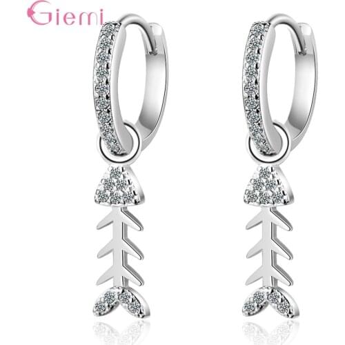 New Fashion Wholsale 925 Sterling Silver Female Temperament Personality Short Charms Crystal Fish Bone Drop Earrings For Women