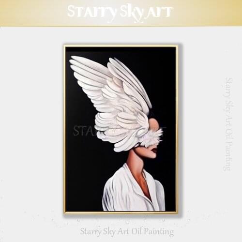 Gifted Artist Hand-painted Black Background Beautiful Lady with Wings Oil Painting on Canvas Modern Fine Art for Wall Decoration