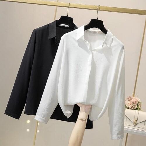 Solid Color Black White Chiffon Shirts Plus Large Size Clothes 2021 Oversize Spring Autumn Feminina WomenS Top Blouse D0688