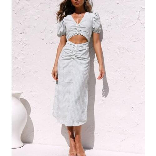 Fashion Women Sexy Hollow Out Irregular Short Sleeve Dress Sweet Light Green Plaid V Neck Button Hem Split Bodycon Dress Summer
