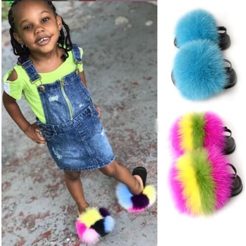 Children Real Fur Slippers Girls Soft Rainbow Raccoon Fur Shoes Flat Plush Sandals Cute Fur Slides Toddler Home Slides Flip Flop