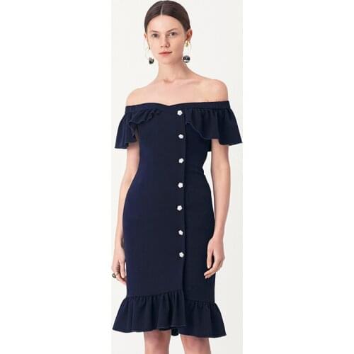 YIGELILA New Arrival Fashion Women Party Mermaid Dress Solid Slash Neck Sheath Dress Empire Slim Knee-length Dress 65531