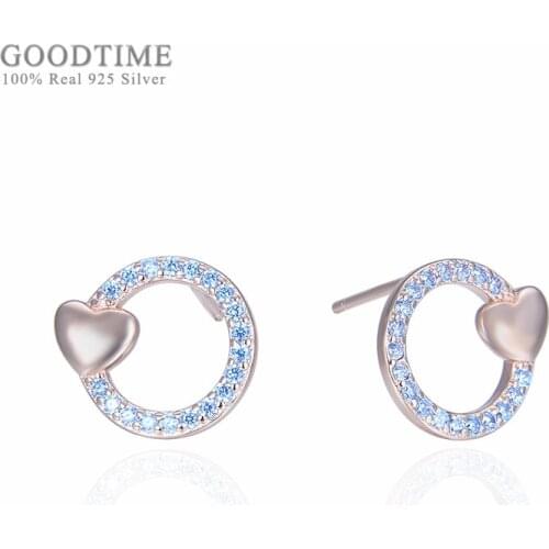 Fashion Women Pure 925 Sterling Silver Rose Gold Color Round Earrings Love Heart Shape Zircon Stud Earring Jewelry Accessories
