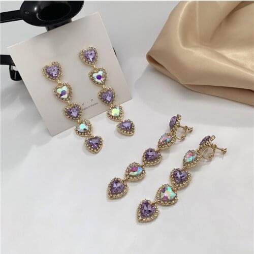 Korean Style Temperament Luxury Long Big Purple Love Heart-shaped Shinny Rhinestone Clip Earrings Non Pierced Earrings for Women