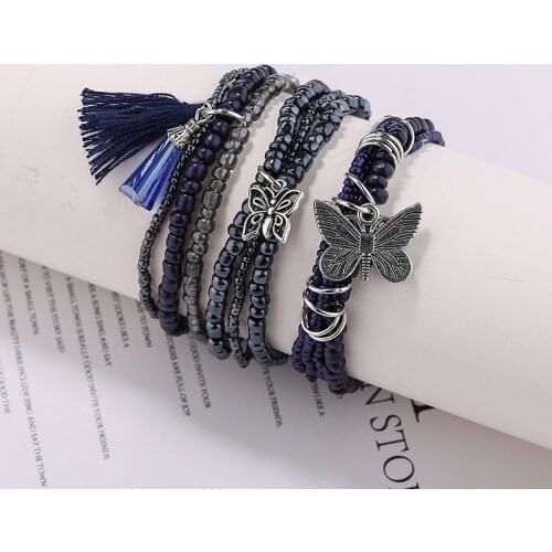 Women Bohemian Jewelry Multilayer Elastic Set Tassel Beads Bracelets Butterfly Pendant Charm Wrap Bracelets Femme Pulseras Mujer