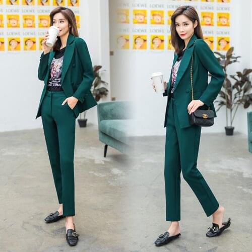 2 piece set women spring and autumn green slim temperament jacket European style office lady OL professional suit