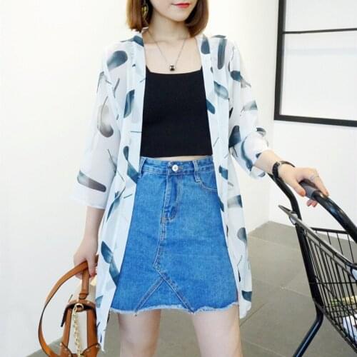 Summer Chiffon Womens Beach Top Turn-Down Collar Long Sleeve Cardigan Slim Print Thin Fashion Office Lady Beach Top