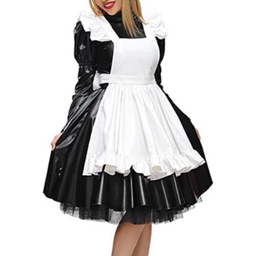 19 Colors Matte Maid Dress High Neck Long Sleeve Vestido Gothic Tutu Dress Lady A-line Pleated Dress Vintage Cosplay Uniform