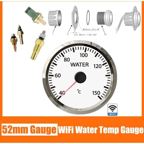 52mm WiFi 40-150℃ Water Temp Meter Gauge with Water Temp Sensor Programmable PC/Laptop/Mobile Phone connection 12/24V