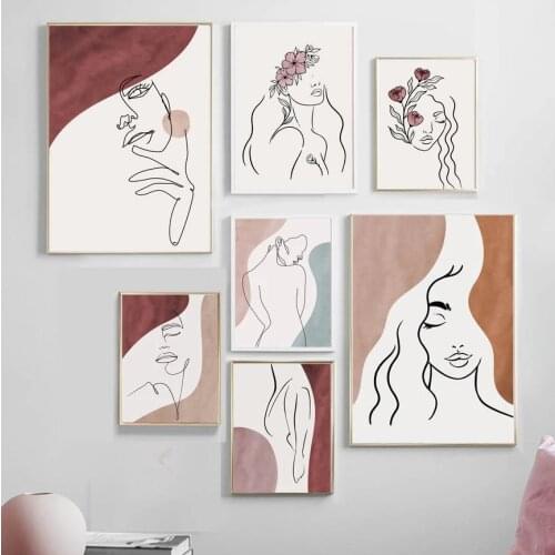 Abstract Line Flower Body Girl Wall Poster Print Brown Modern Wall Art Nordic Canvas Painting Picture For Living Room Wall Decor