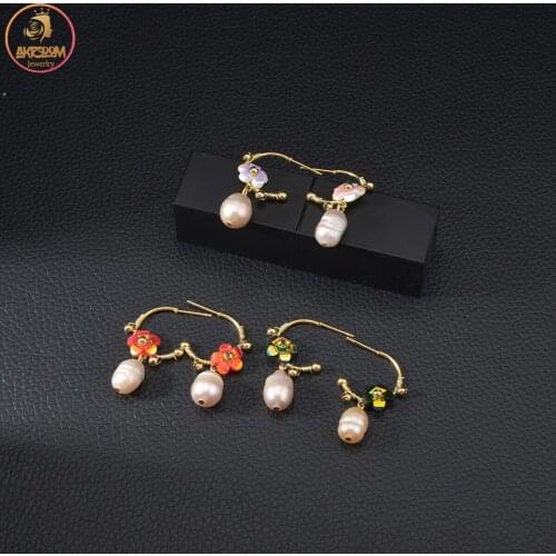 Akizoom New 14K Gold Colorful Zircon Crystal Earrings Stainless Steel Stud Pearl Earrings for Women Fashion Jewelry Gift
