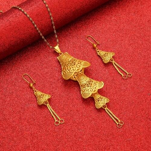 Big Hyperbole Pendant Necklaces Earrings Jewelry Set For Women Gold Fulani African Ethiopian Wedding Gifts