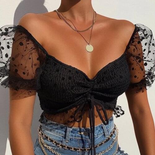 Black White Elegant Polka Dot Cropped Tops Tee Women Short Mesh Puff Sleeve Skinny Casual Streetwear Female T-shirts For Girls