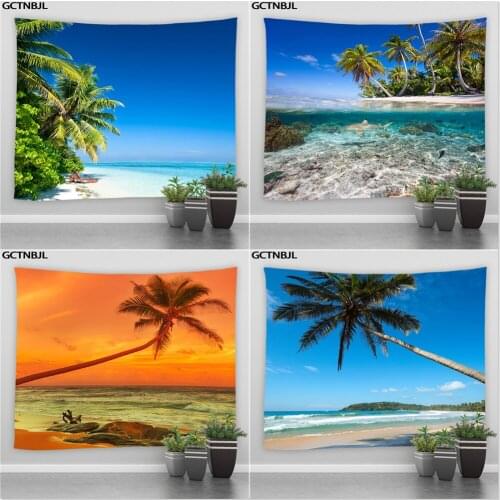Landscape Printed Tapestry Sea Ocean Beach Coconut Tree Sunset Big Hippie Wall Hanging Tapestries Bedroom Home Tablecloth Decor