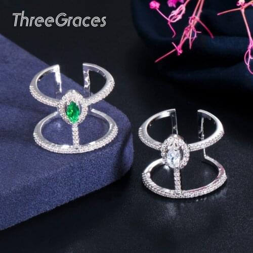 ThreeGraces Sparkling White Gold New Fashion Jewelry Hollow Oval Adjustable Size Cubic Zirconia Stone Big Open Finger Ring RG121