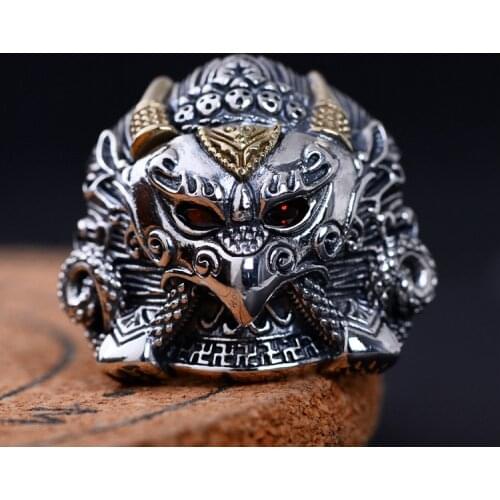 S925 pure Silver Vintage Ring Mens Personality Gold Wings Patron Saint Silver Ring