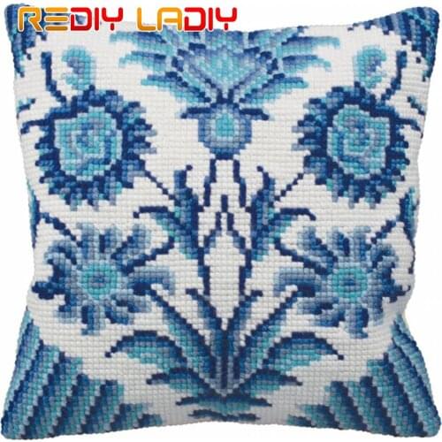 Cross Stitch Cushion Cover Blue Flowers Needlepoint Kits Pre-Printed Canvas Thick Yarn Cross-stitch Pillow Case Arts and Crafts