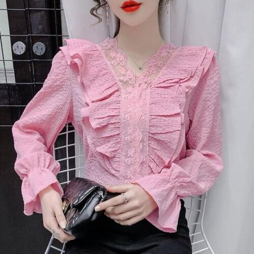 2021 spring new ruffled flared sleeve shirt womens fashion age-reducing top design sense lace v-neck top