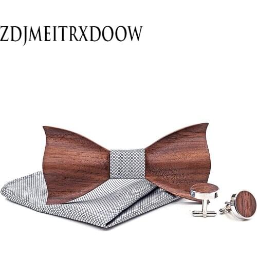 New Wooden tie Cufflinks Fashion wood bow tie wedding dinne Handmade corbata Wooden Ties Gravata set with Handkerchief Cuff Link