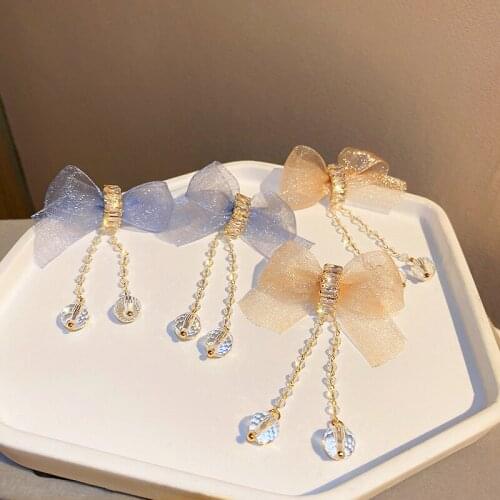 Origin Summer Sweet Ecru Blue Color Yarn Bowknot Dangle Earring for Women Girls Shiny Rhinestone Crystal Tassel Earrings Jewelry