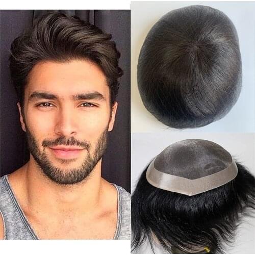Natural black color Men Toupee Male Hair Prosthesis Straig Human Remy Hair Wigs Natural Hair Toupee Replacement For Men