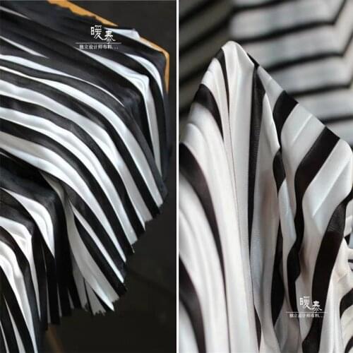 Striped Pleated Silk Satin Fabric Stretch Black White DIY Patchwork Skirt Dress Designer Fabric