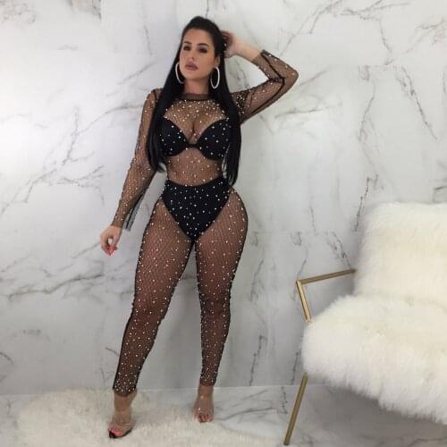 Sexy See through Jumpsuit Women Fishnet Sheer Long Sleeve Jumpsuits Rompers Bandage Evening Party Playsuit Ladies Clubwear