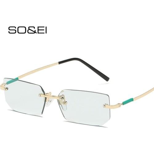 SO&EI Ins Popular Fashion Small Rectangle Sunglasses Women Retro Rimless Clear Ocean Lens Eyewear Shades UV400 Men Sun Glasses